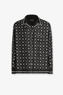 Dolce &amp; Gabbana men’s black silk pajama shirt with white geometric diamond pattern and contrasting white trim