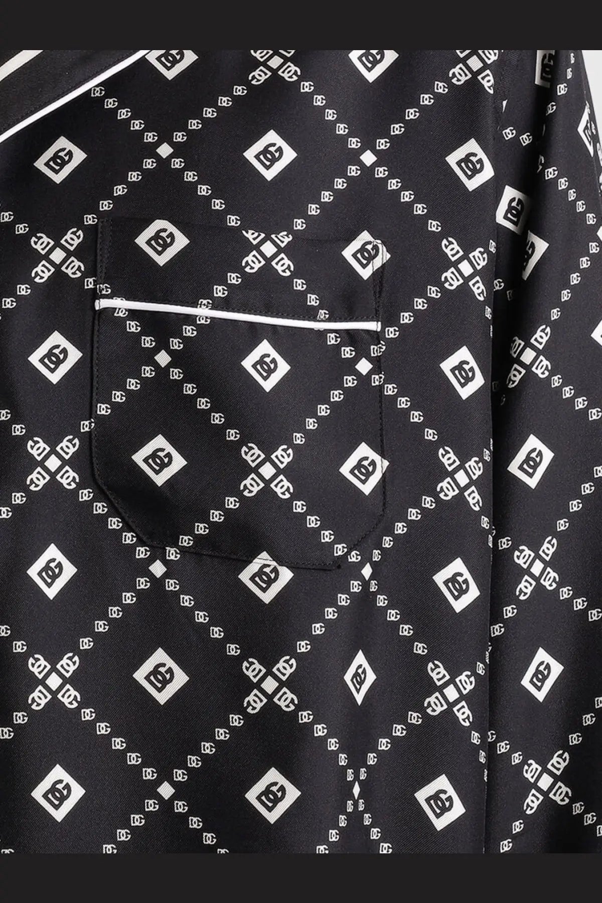 Dolce &amp; Gabbana men’s black silk satin pajama top with white dc logo pattern and front pocket