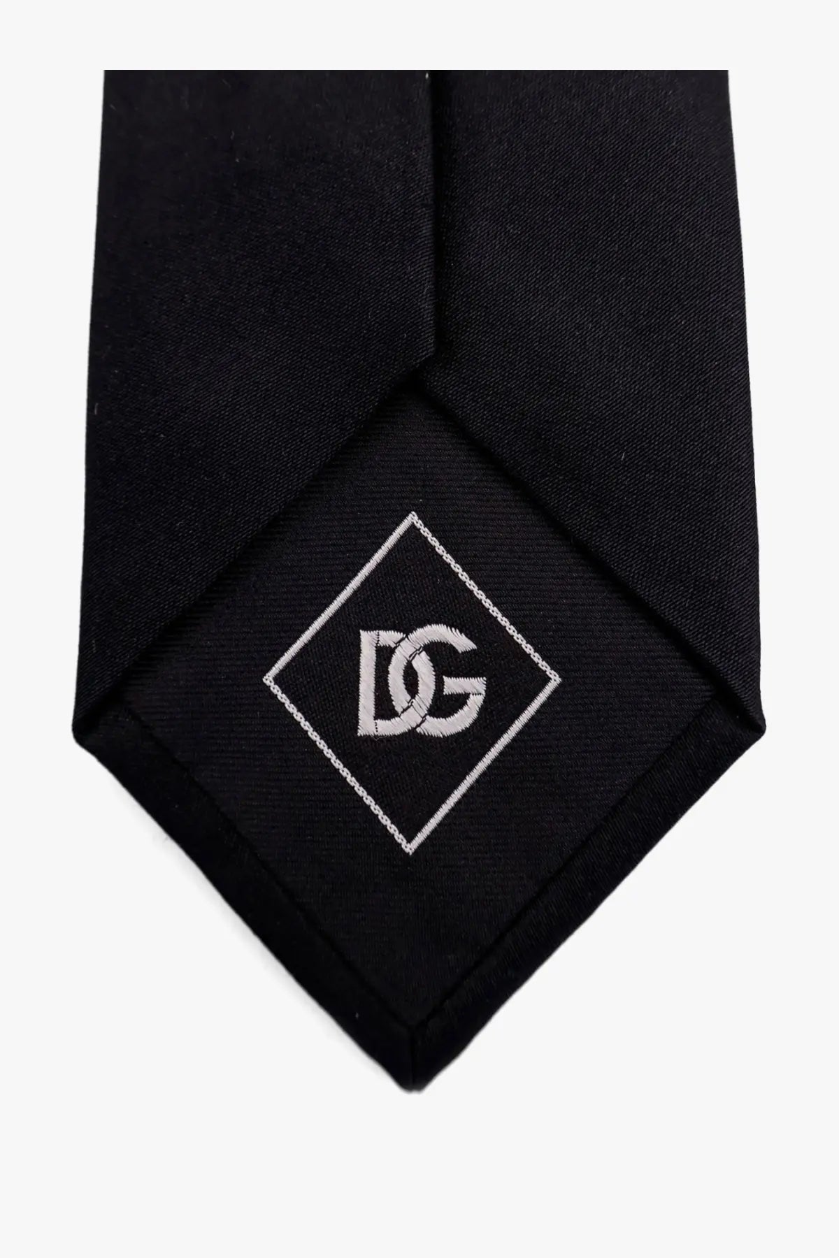 Dolce &amp; Gabbana men’s black silk tie with subtle silver embroidered dg logo in a diamond-shaped border