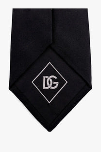 Dolce &amp; Gabbana men’s black silk tie with subtle silver embroidered dg logo in a diamond-shaped border