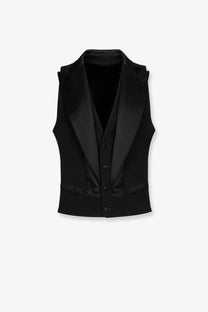 Dolce &amp; Gabbana men’s black satin gabardine tuxedo vest with notched lapels and button closures