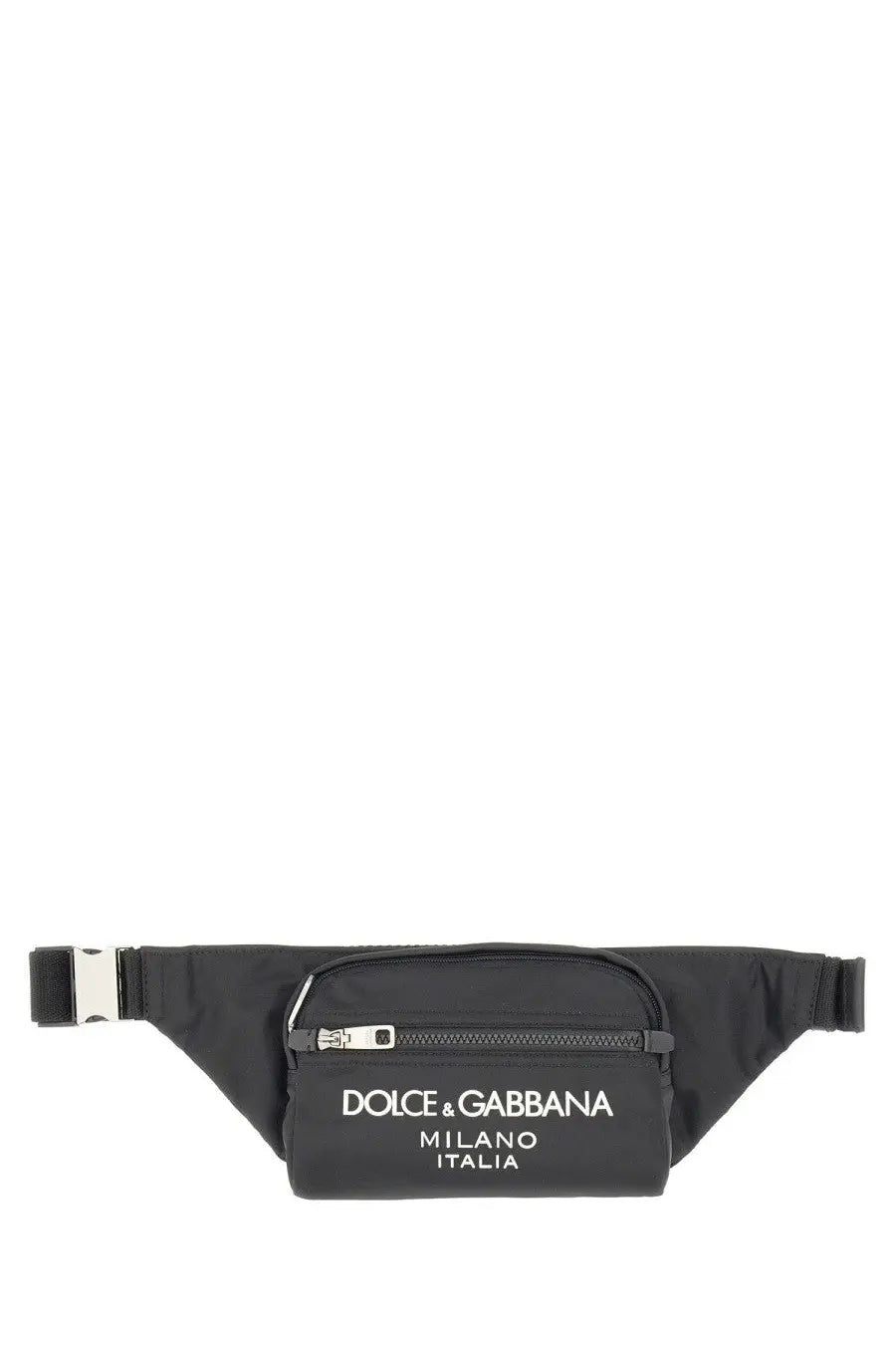 Dolce and gabbana men’s small black fabric waist bag with front zippered pocket and silver-toned hardware