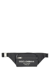 Dolce and gabbana men’s small black fabric waist bag with front zippered pocket and silver-toned hardware