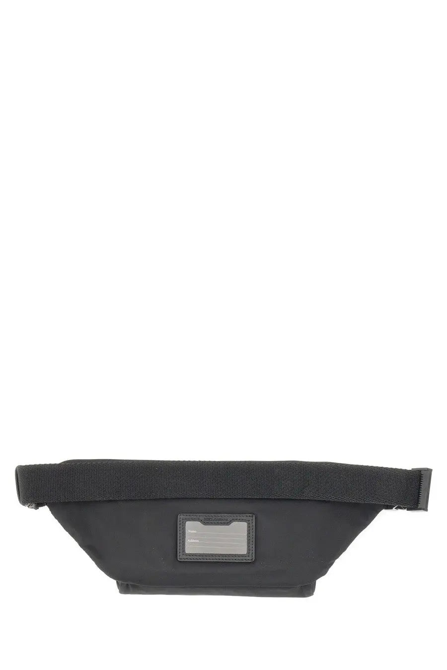Dolce &amp; Gabbana men’s small black nylon waist bag with a rectangular leather patch on the front