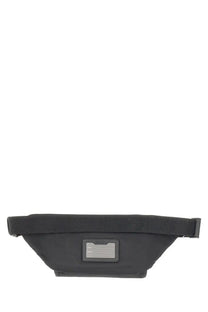Dolce &amp; Gabbana men’s small black nylon waist bag with a rectangular leather patch on the front