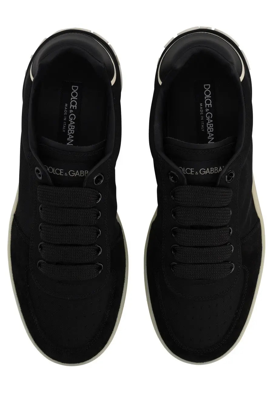 Dolce &amp; Gabbana men’s sneaker black suede with contrasting white soles and metallic eyelets for stylish wear