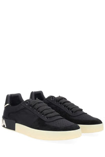 Dolce &amp; Gabbana men’s sneaker black in black suede and canvas with cream rubber sole and bold black heel tab with white lettering