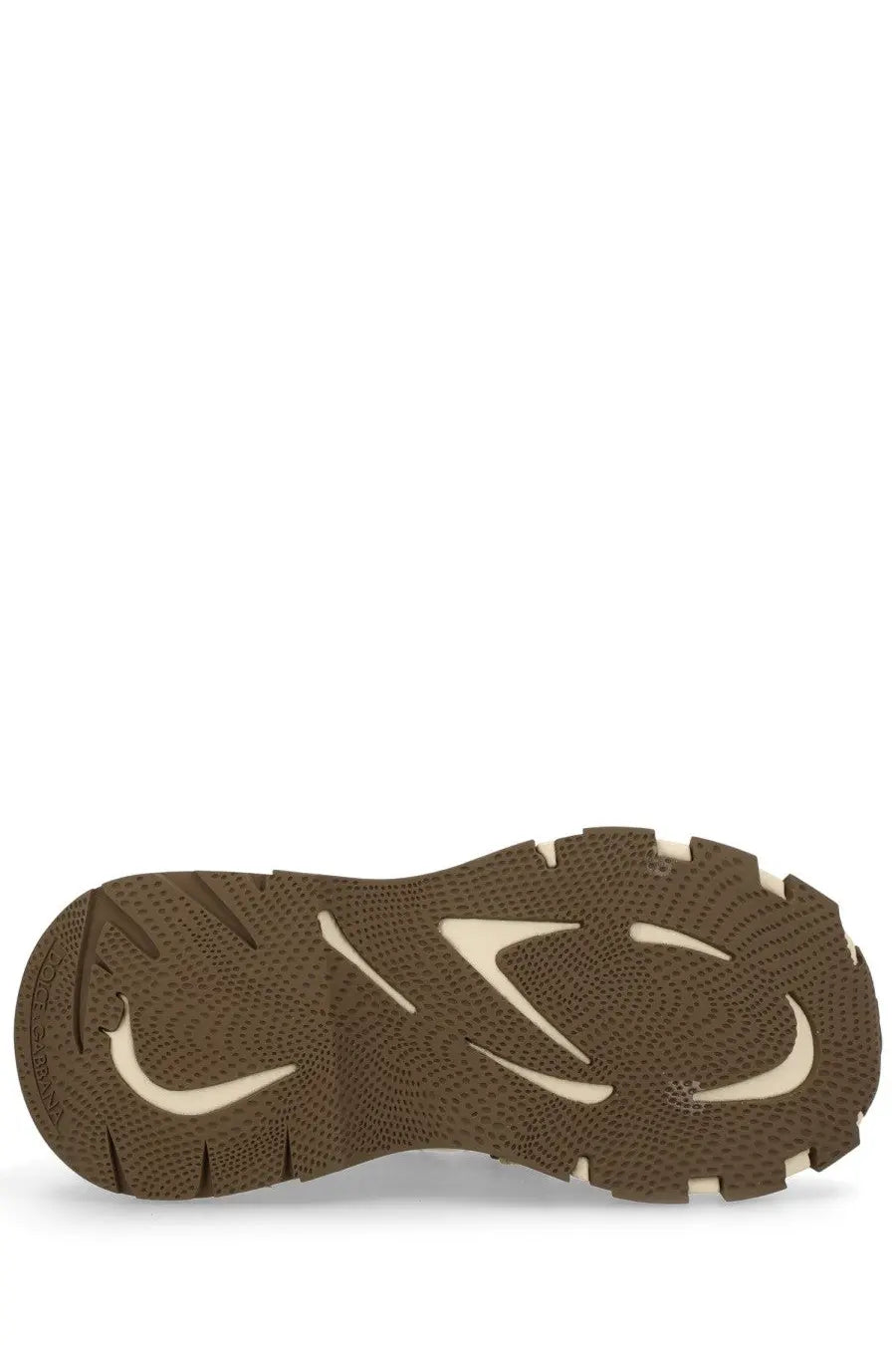 Dolce &amp; Gabbana men’s sneaker sole in brown rubber with cream nike swoosh accents and textured tread from the back side