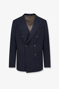 Navy blue double-breasted Dolce &amp; Gabbana men’s wool blazer with gold buttons and subtle texture in stretch virgin wool