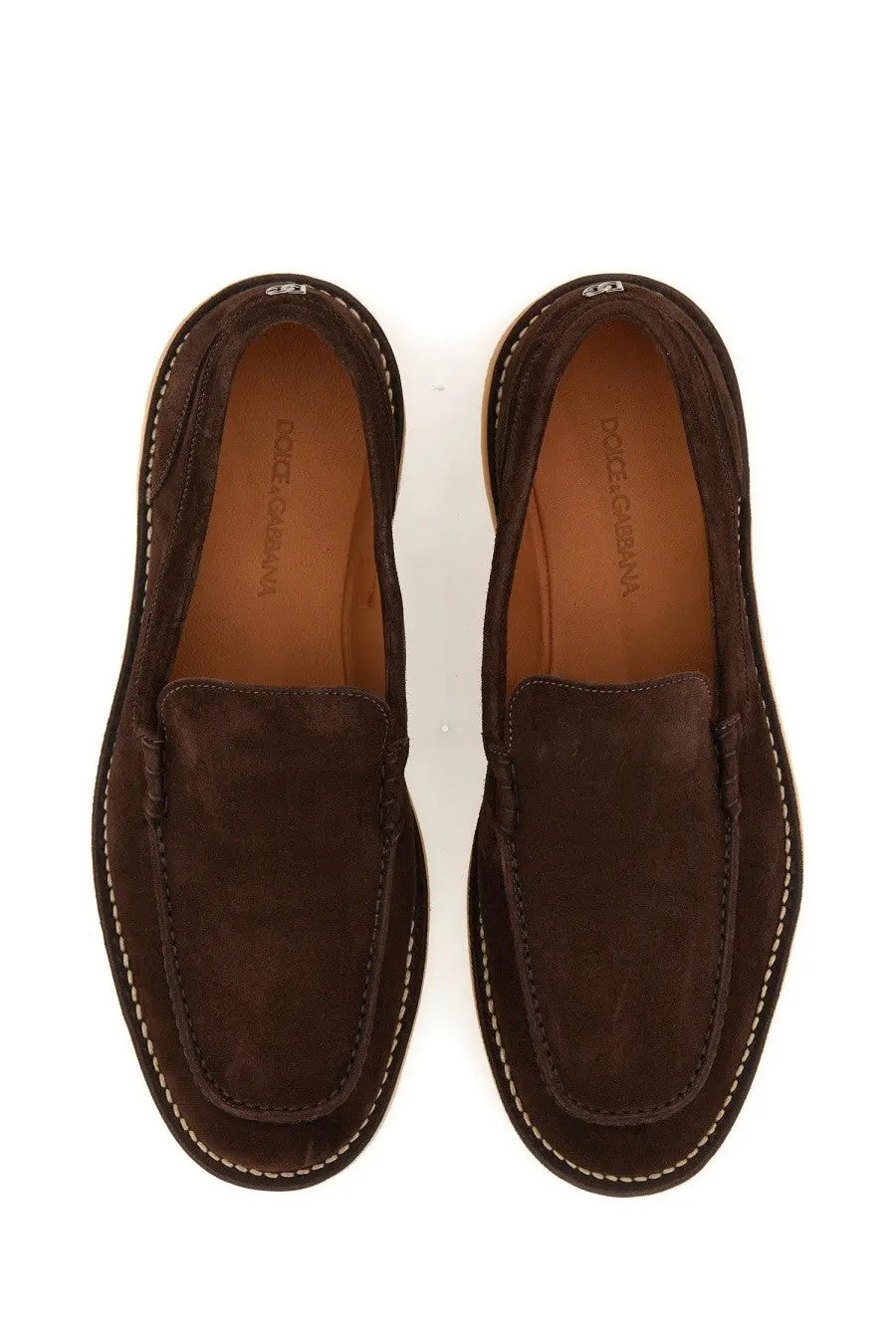 Dolce &amp; Gabbana men’s beige suede loafers with contrasting white stitching and tan leather lining