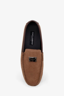 Dolce &amp; Gabbana men’s beige suede loafers with brown tone and metallic logo plaque front detail
