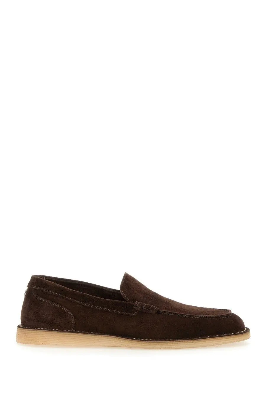 Dolce &amp; gabbana men’s beige suede loafer with classic moccasin design and light tan rubber sole