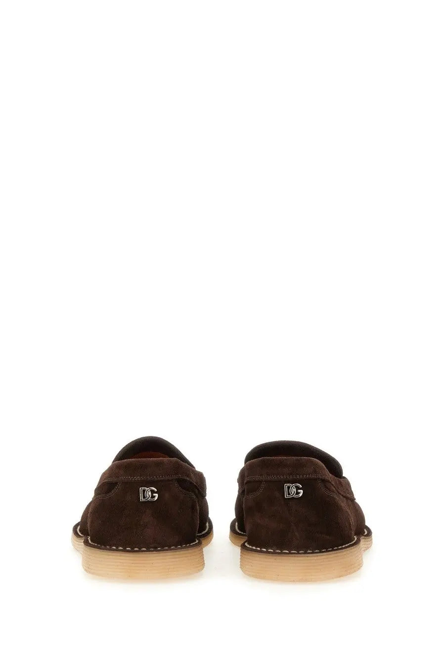 Brown suede slip-on loafers with subtle dg logo on the heel dolce gabbana men’s beige suede loafer back view