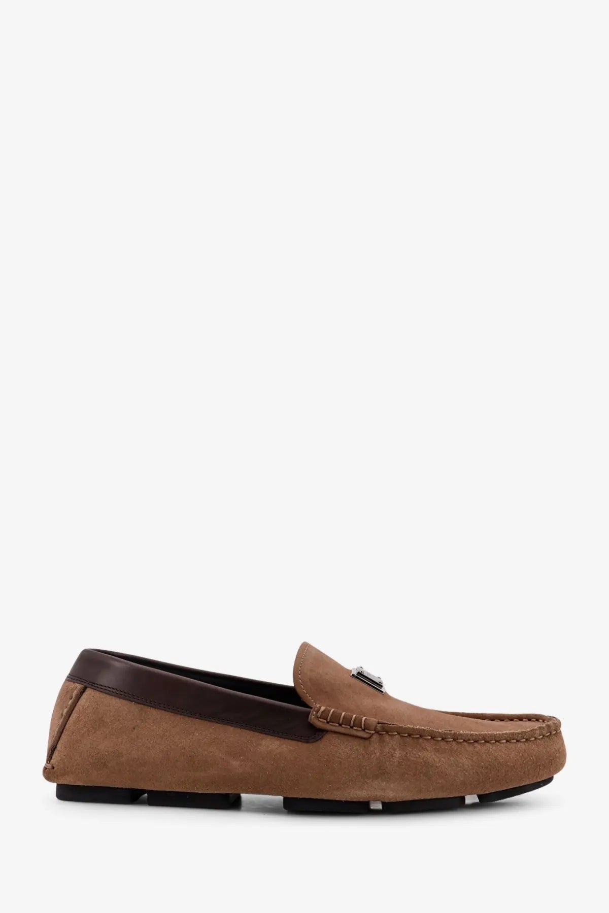 Dolce &amp; Gabbana men’s beige suede loafers with dark brown leather trim and metallic logo on the vamp
