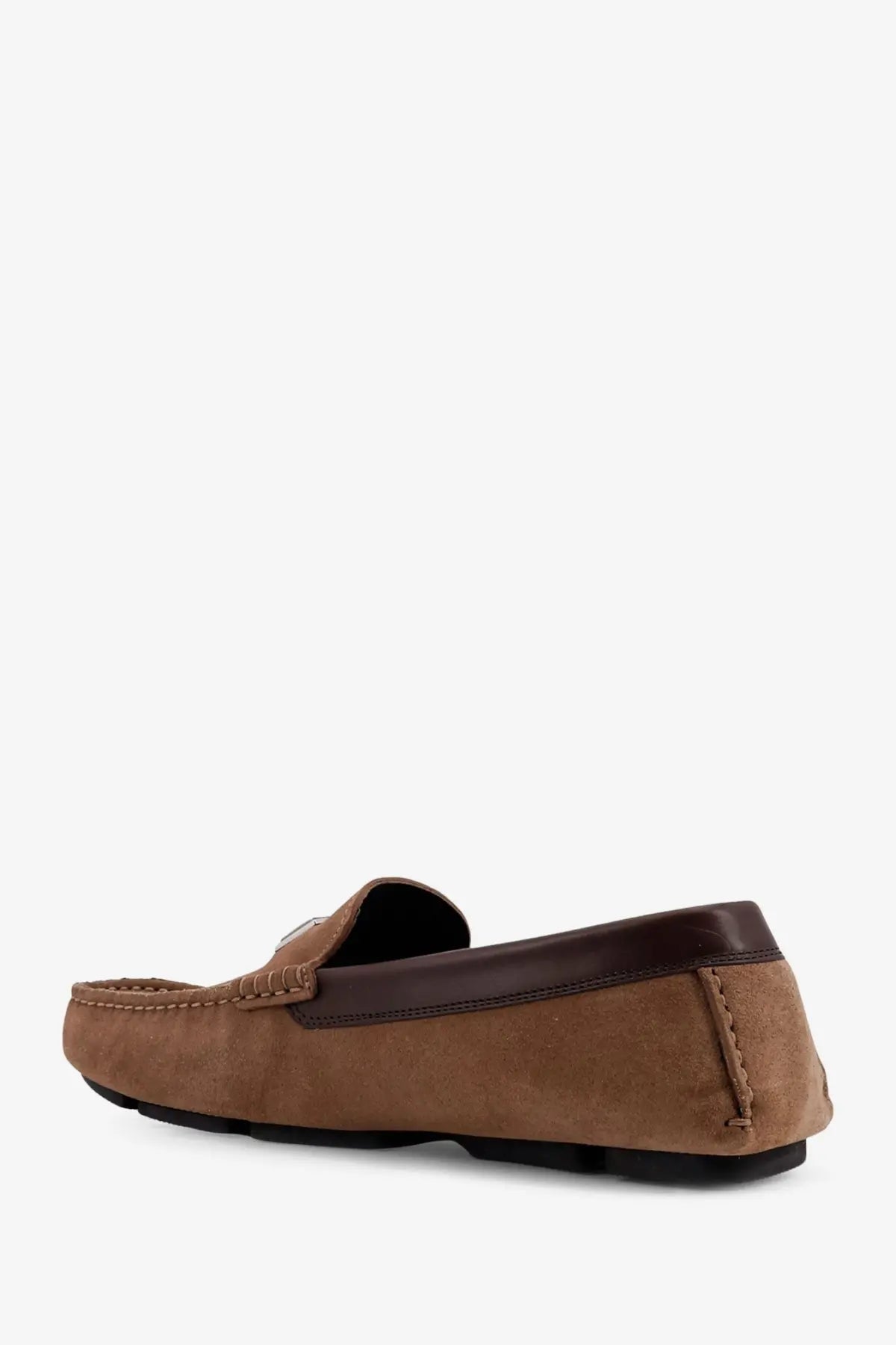 Dolce &amp; Gabbana men’s beige suede loafer with tan moccasin design and dark brown leather heel and toe cap