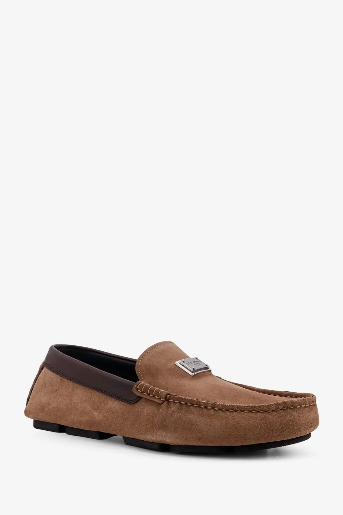 Dolce &amp; Gabbana men’s beige suede loafer with dark brown leather trim and silver metal plaque on the vamp