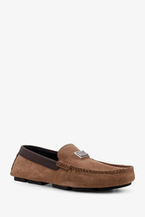 Dolce &amp; Gabbana men’s beige suede loafer with dark brown leather trim and silver metal plaque on the vamp