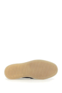Dolce &amp; Gabbana men’s suede loafer blue with black suede low-top sneaker style and tan rubber sole with vertical grooves