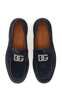 Dolce &amp; gabbana men’s navy blue suede loafers with silver interlocking dg logo buckle