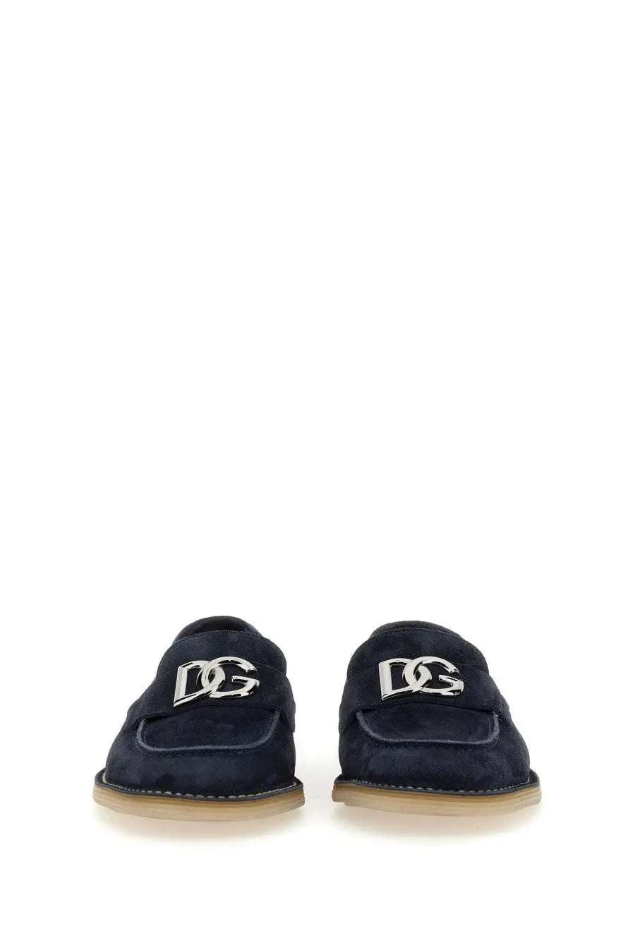 Dolce &amp; Gabbana men’s navy blue suede loafers with silver dg logo plaque featuring a sleek design
