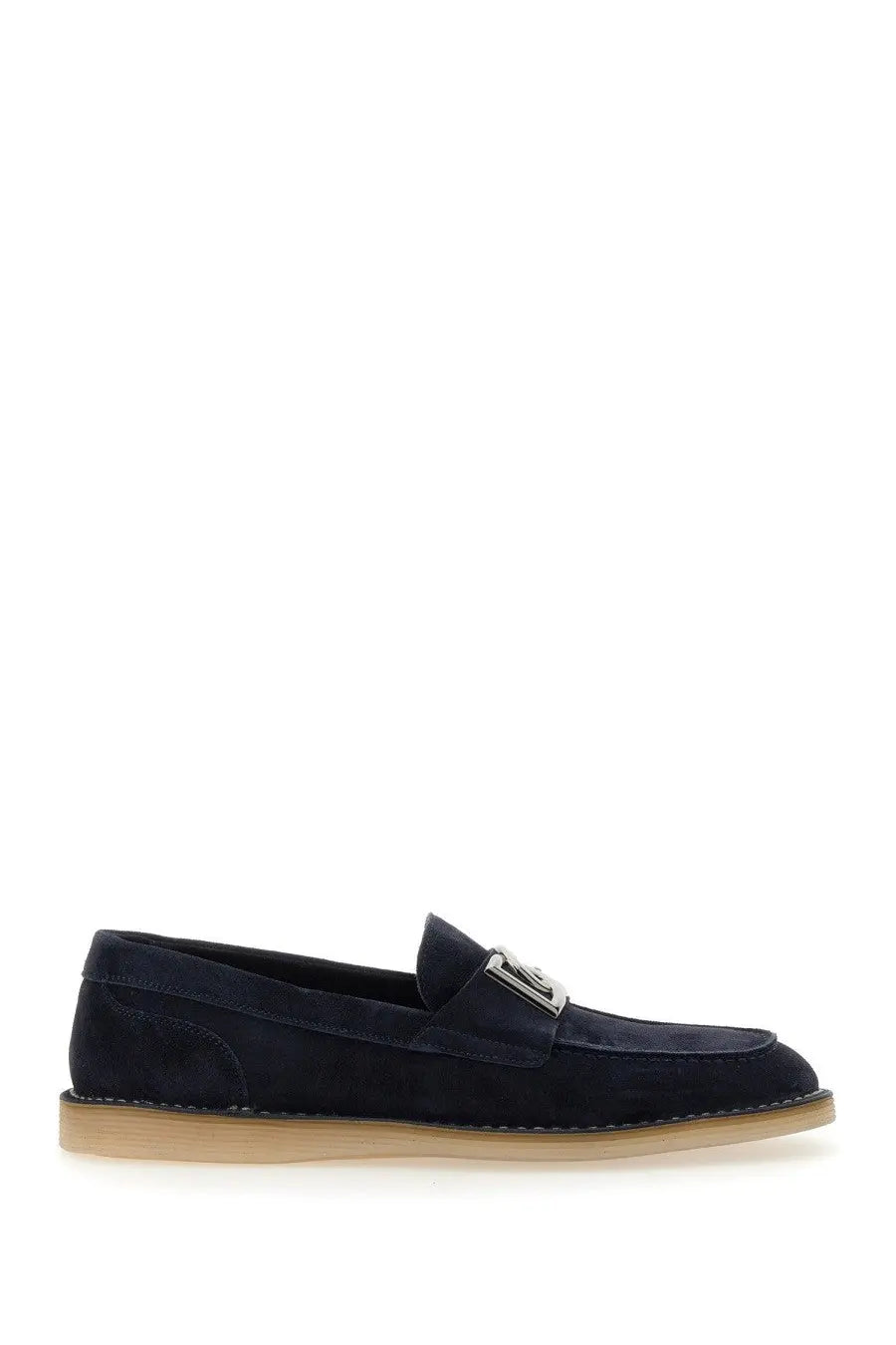 Dolce &amp; Gabbana men’s navy blue suede loafer with silver-toned metal buckle detail for stylish wear