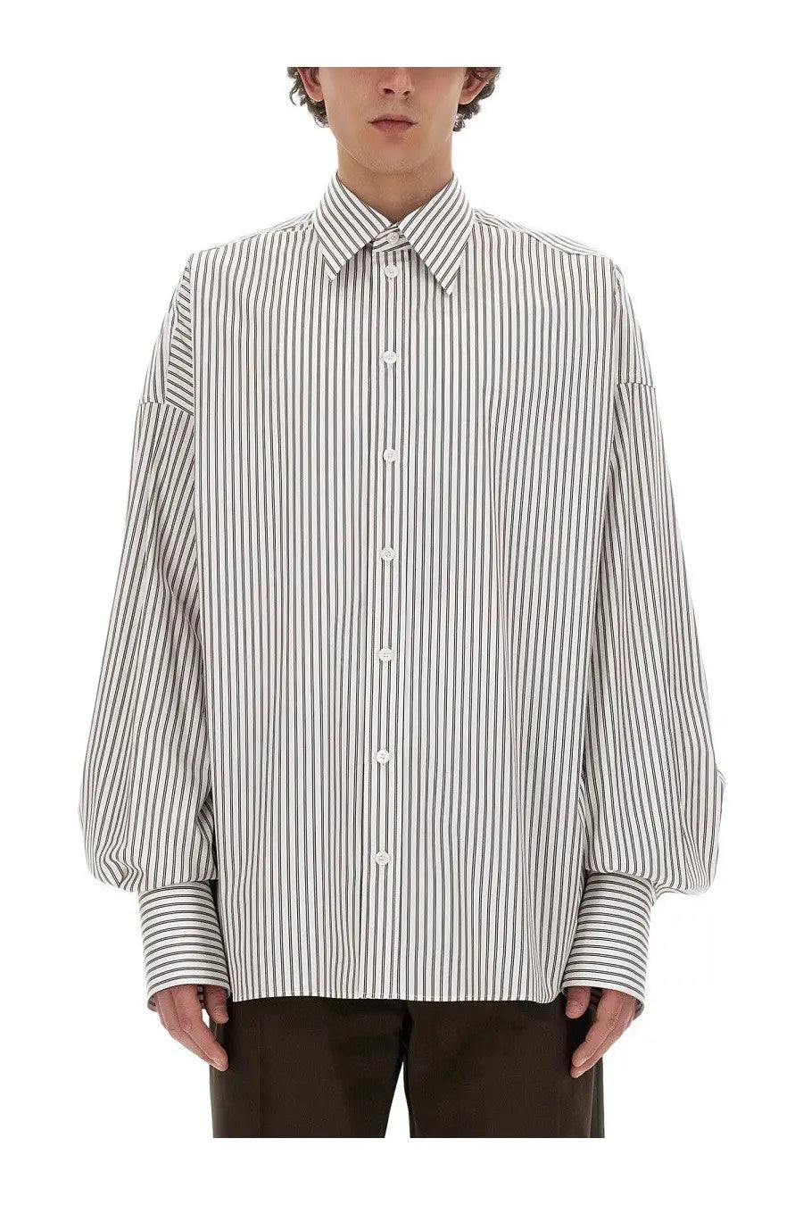 Dolce &amp; Gabbana men’s super over shirt in black and white vertical stripes with loose fit and long sleeves