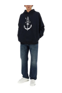 Dolce and gabbana men’s black hooded sweatshirt with large white anchor graphic and dc branding in cotton material
