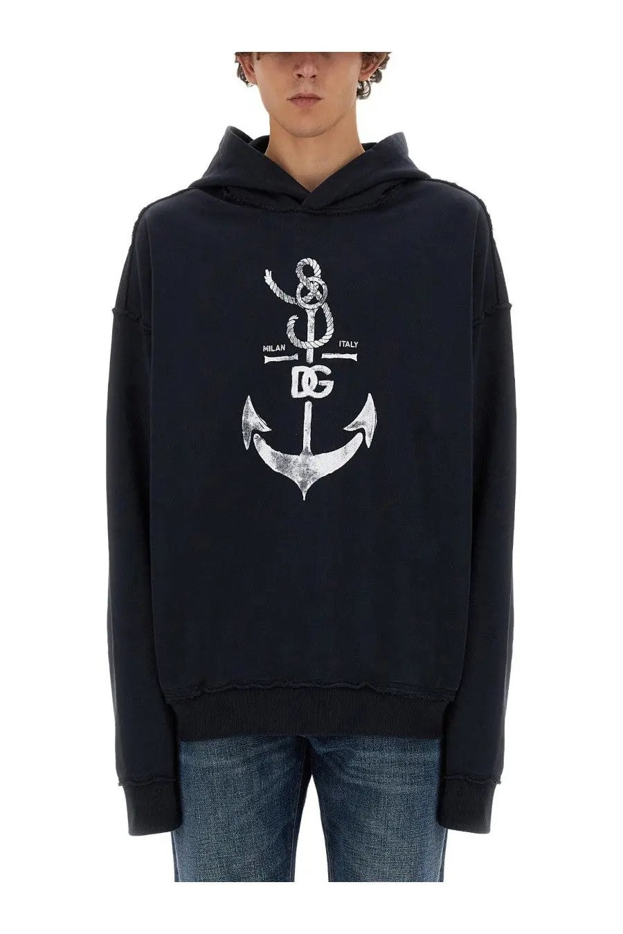 Dolce &amp; Gabbana men’s black hoodie with distressed white anchor graphic featuring Milan Italy and brand logo