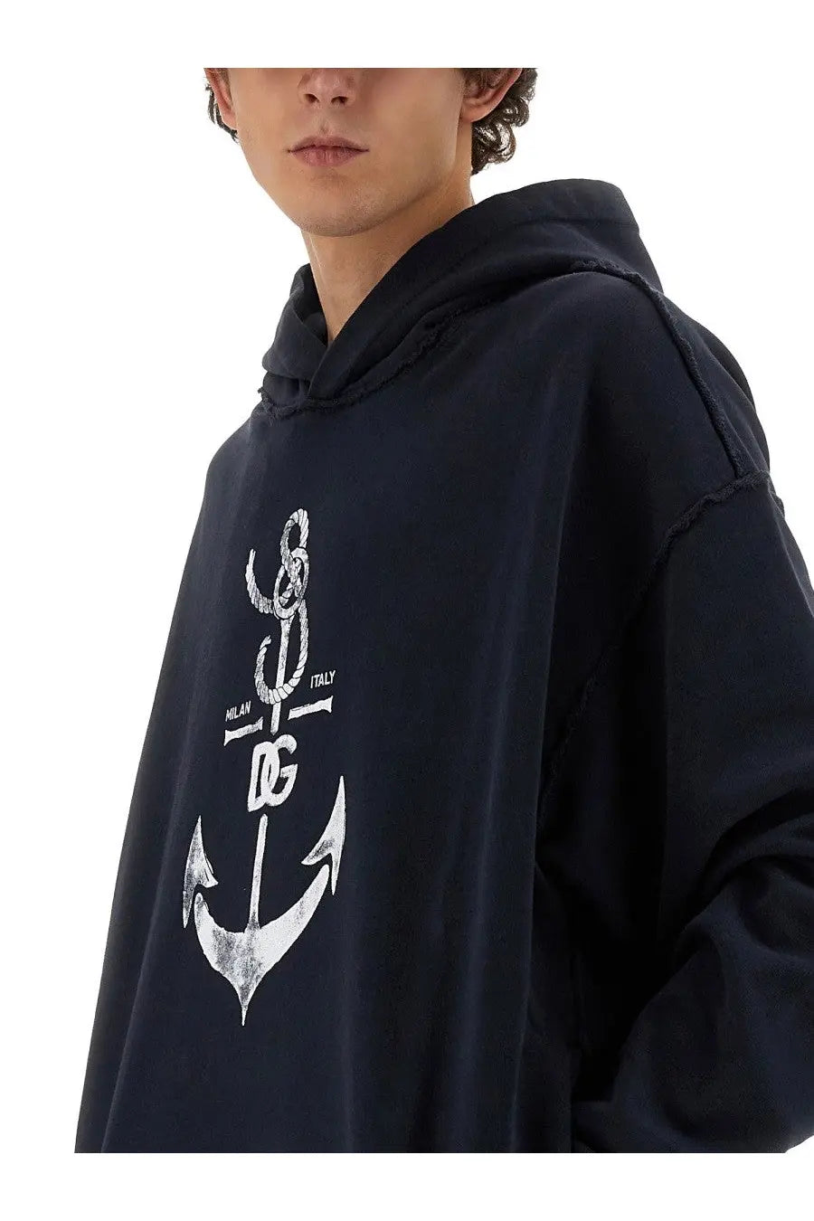 Dolce &amp; Gabbana men’s dark navy blue oversized hoodie with distressed white anchor graphic and dg milan italy text