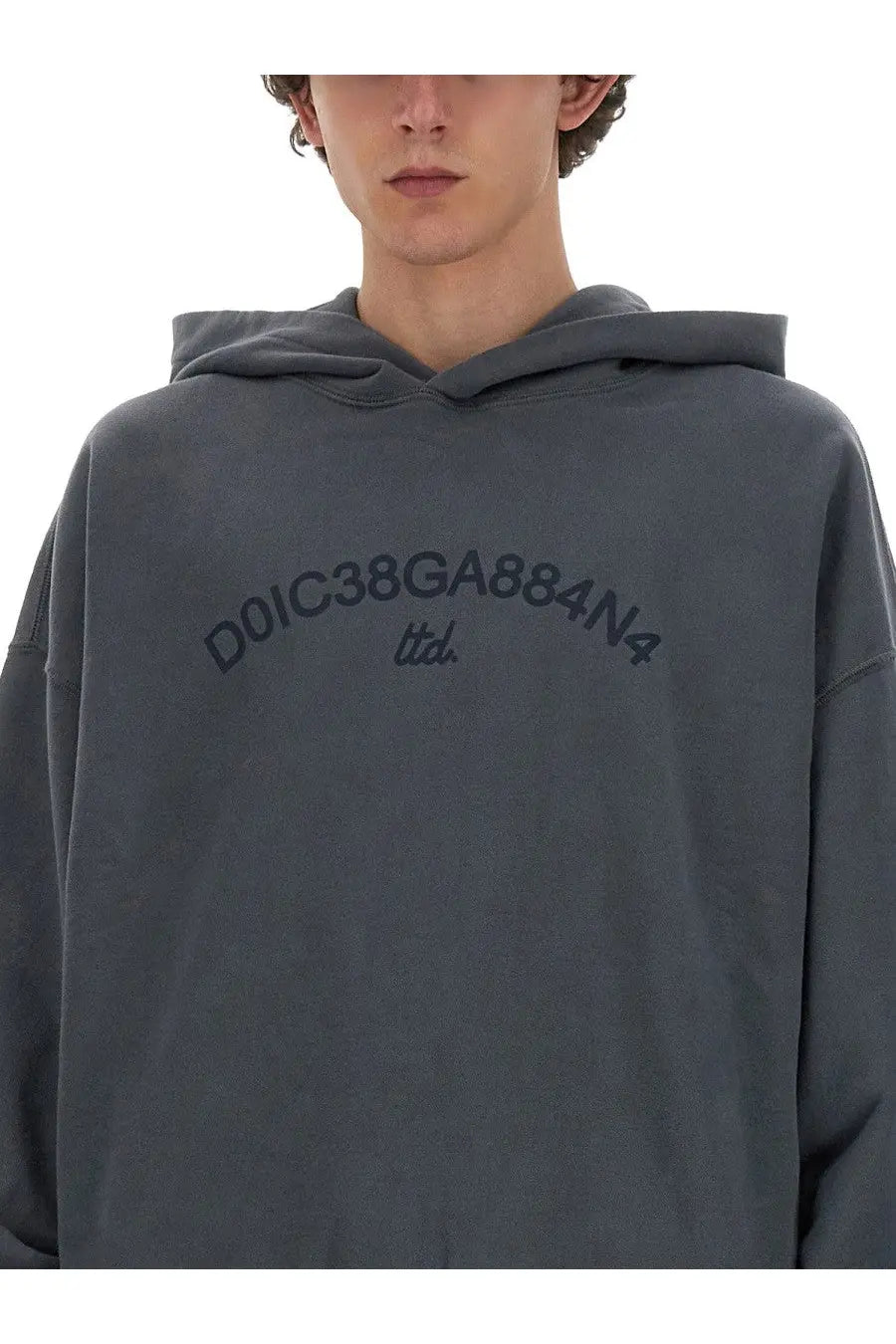 Dolce &amp; gabbana men’s dark gray oversized hoodie with subtle arched embroidered logo and ttl detail on front