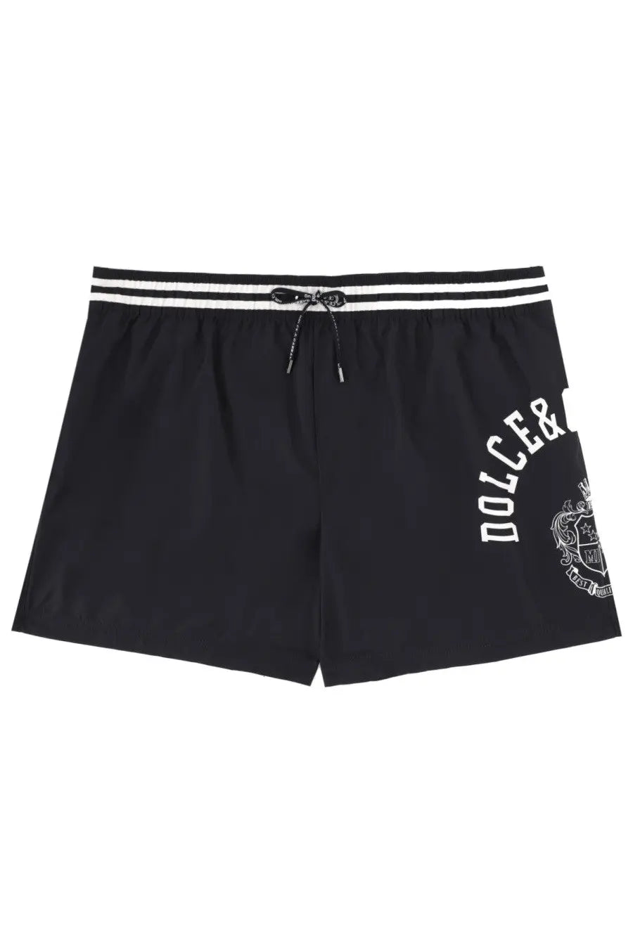 Dolce &amp; Gabbana men’s black swim trunks with white striped waistband and embroidered logo on the side