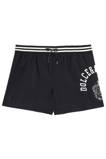 Dolce &amp; Gabbana men’s black swim trunks with white striped waistband and embroidered logo on the side
