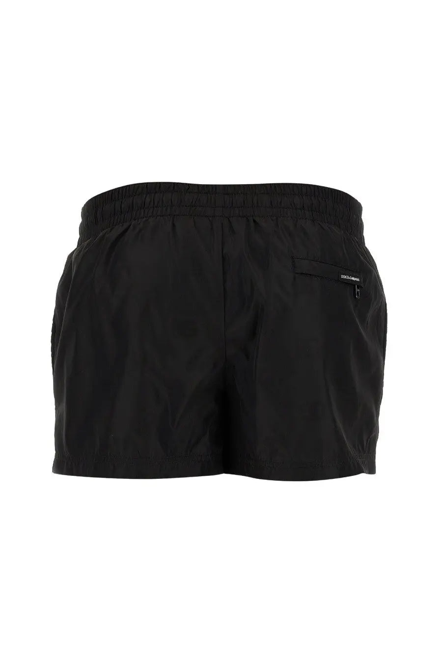 Black dolce and gabbana men’s swimsuit showing back with elastic waistband and small zippered pocket