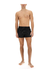 Dolce &amp; Gabbana men’s swimsuit black swim trunks with drawstring waistband and subtle white side detailing