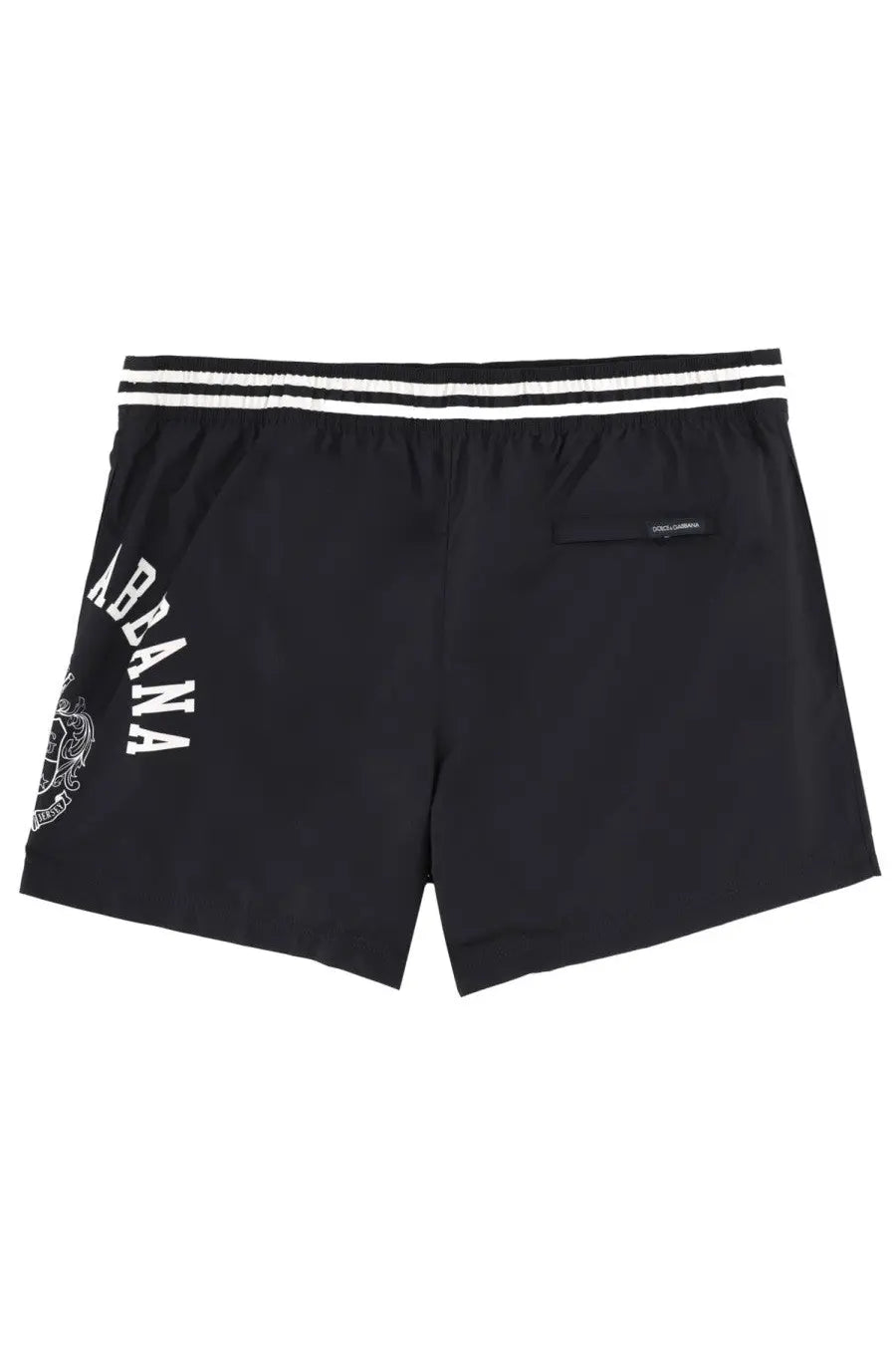 Dolce &amp; Gabbana men’s black swim trunks with white striped waistband and abanana logo on the side