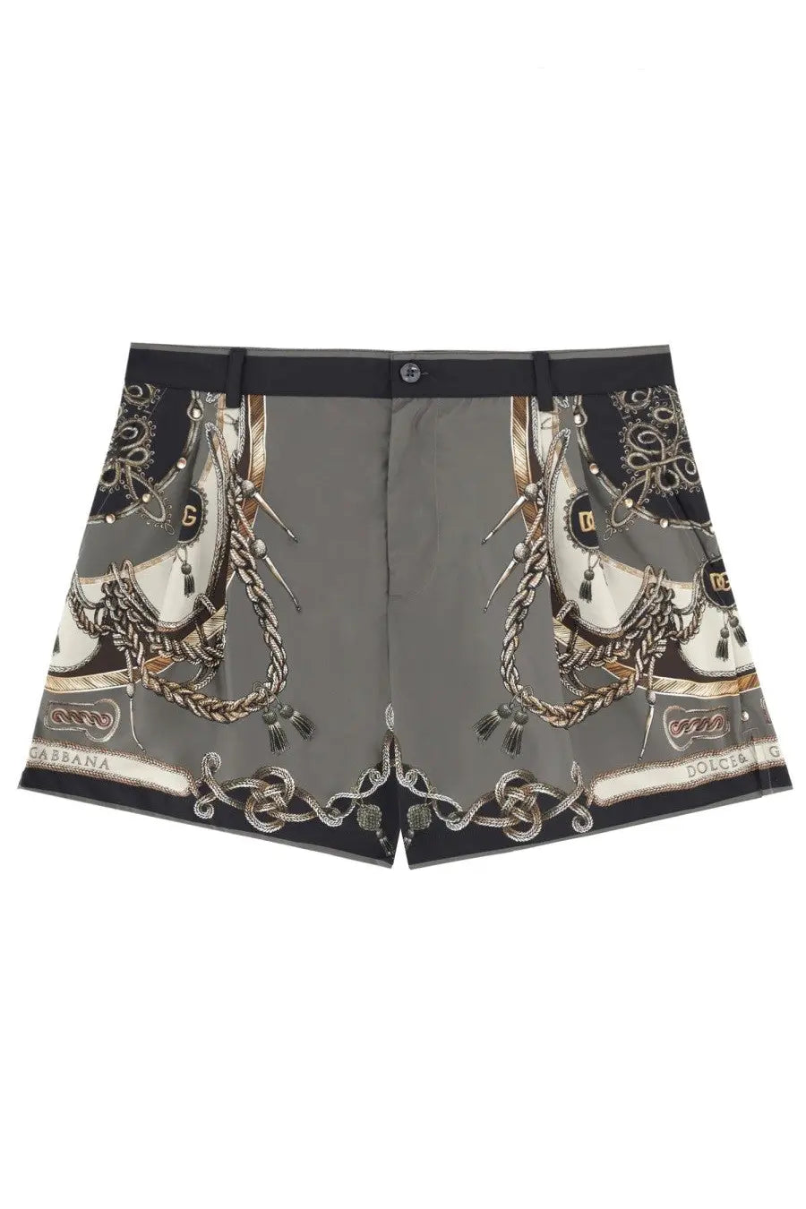 Dolce &amp; Gabbana men’s swimsuit grey shorts with intricate horse tack print featuring gold and black detailing