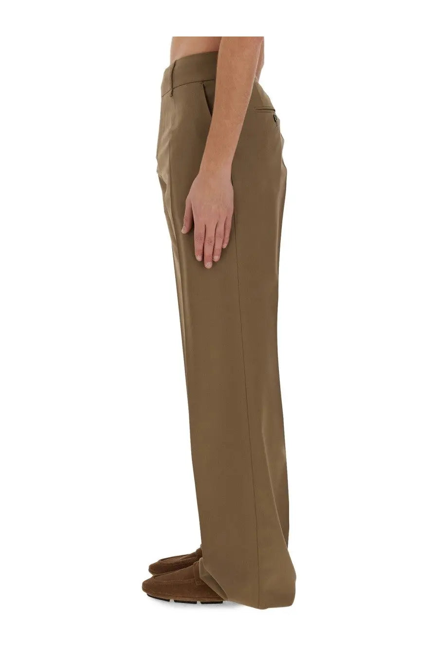 Dolce &amp; Gabbana men’s tailored beige pants with tan wide-leg cut and subtle creasing along the fabric