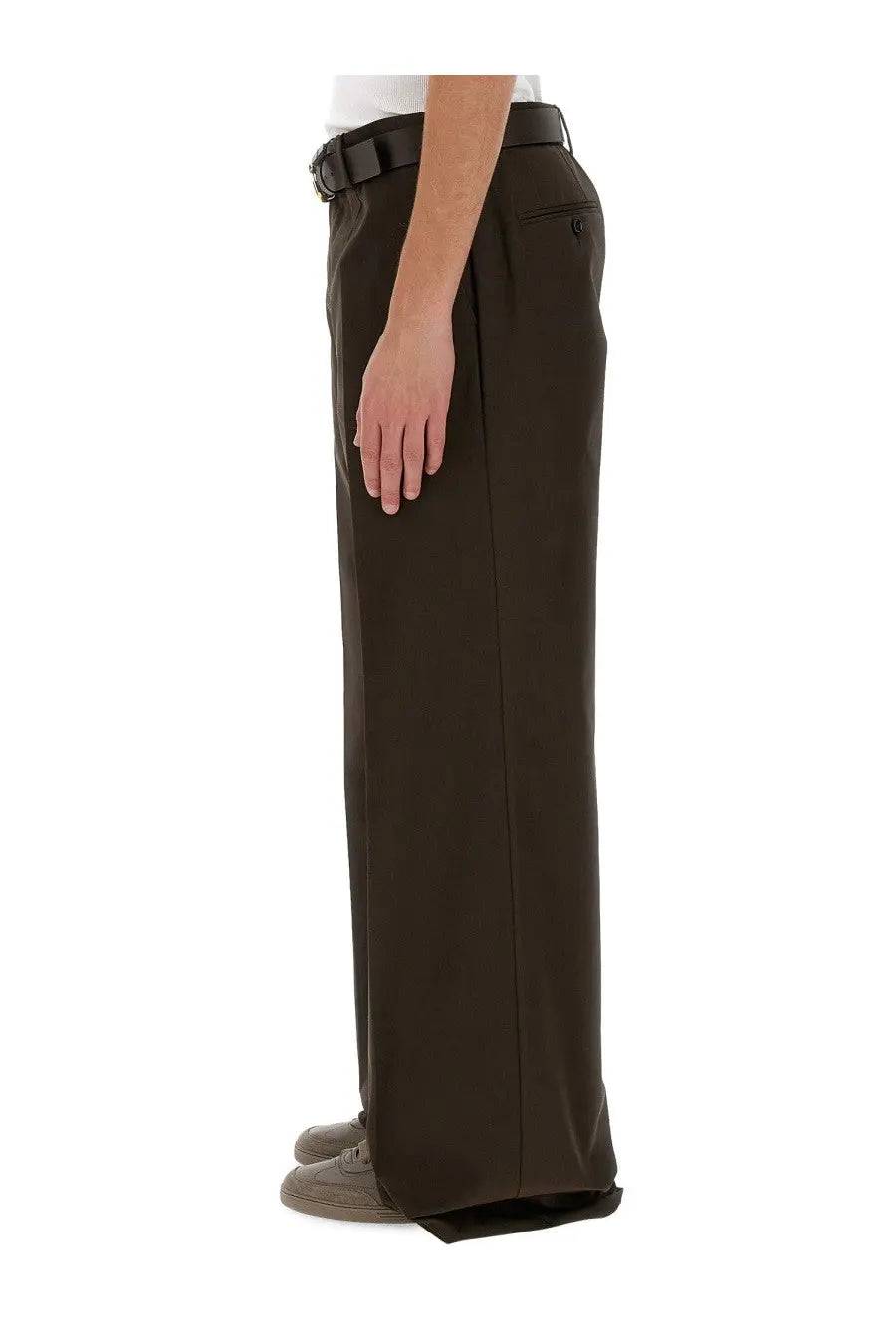 Dark brown dolce and gabbana men’s tailored wide-leg trousers with structured fit and matching belt