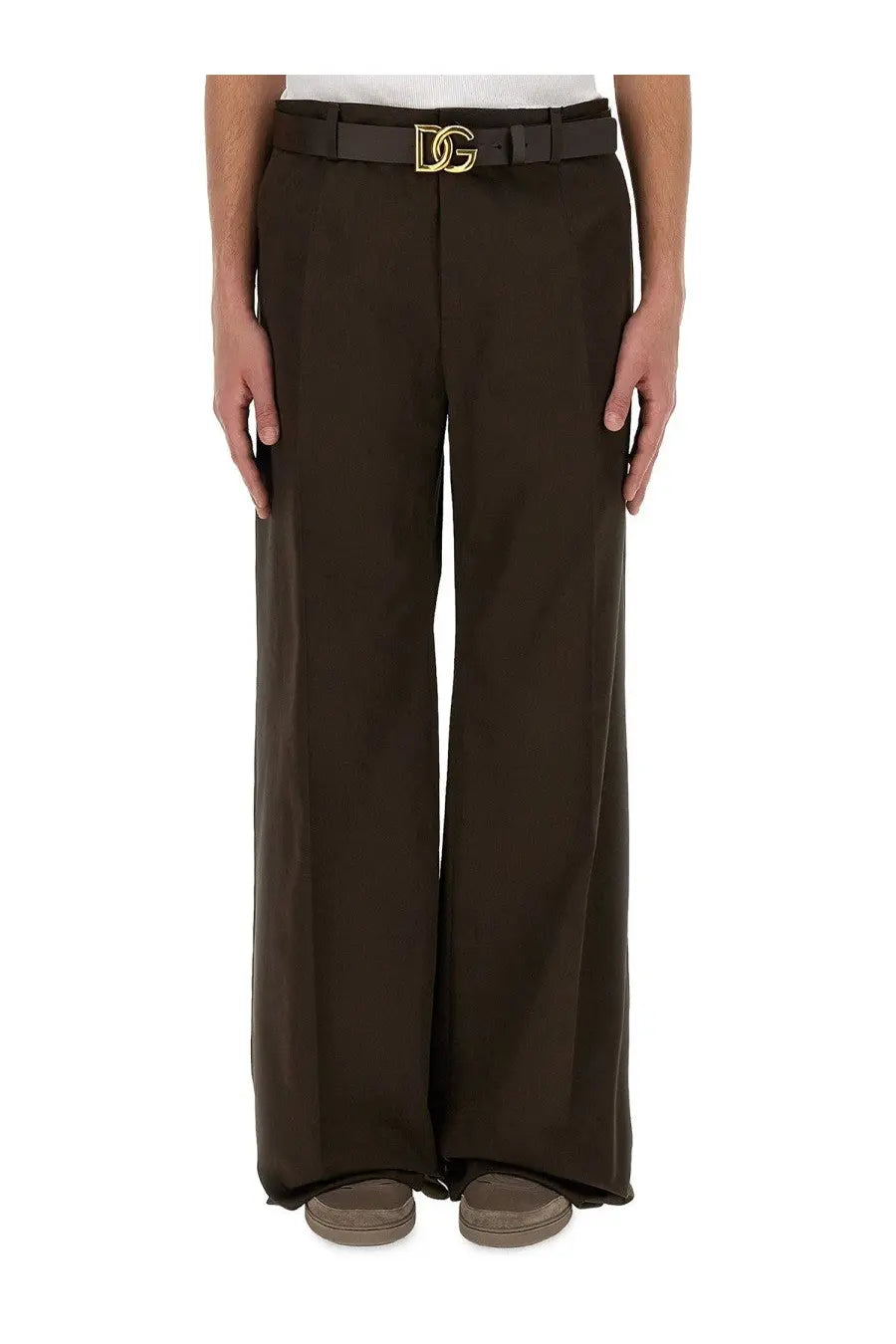 Dolce &amp; Gabbana men’s tailored dark brown wide-leg trousers with matching belt and gold-tone dg logo buckle