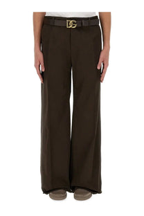 Dolce &amp; Gabbana men’s tailored dark brown wide-leg trousers with matching belt and gold-tone dg logo buckle