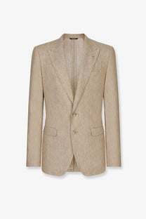 Dolce &amp; Gabbana men’s beige linen blazer with subtle vertical stripes and two-button closure