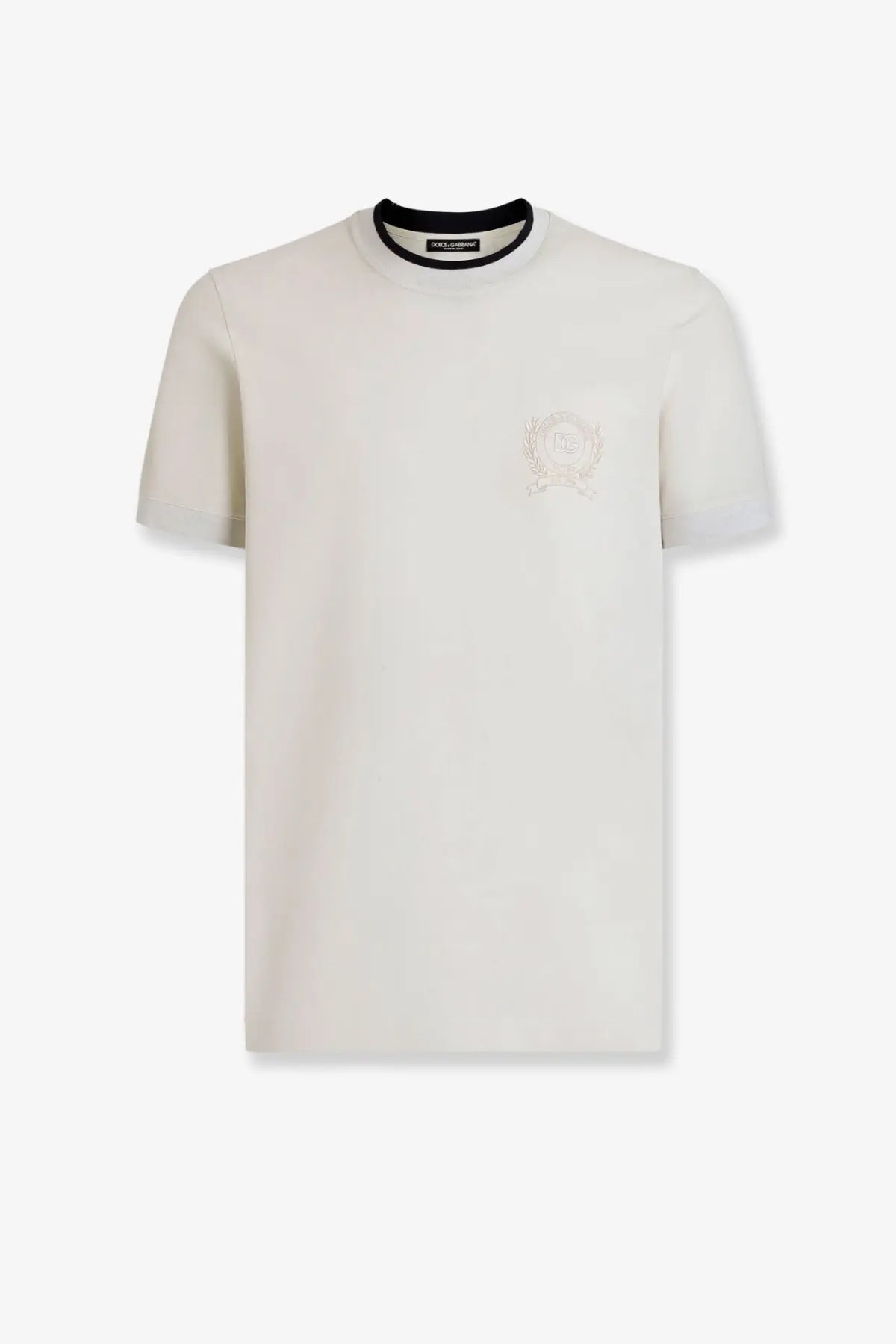 Dolce &amp; gabbana men’s technical fabric cream t-shirt with subtle chest embroidery and black ribbed neckline