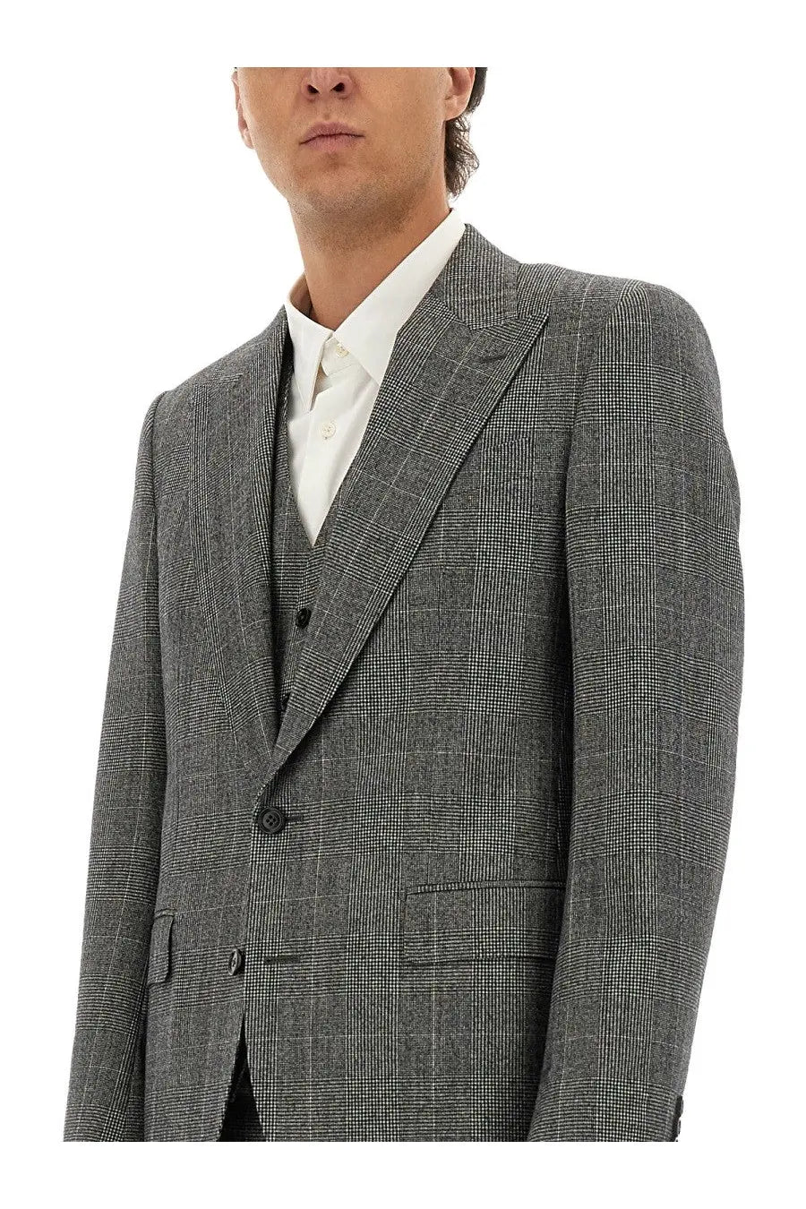 Dolce and gabbana men’s three piece grey suit featuring a gray plaid wool jacket with black buttons and notched lapel