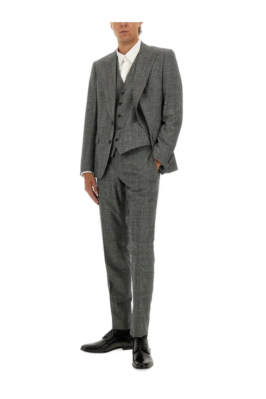 Dolce &amp; gabbana men’s tailored gray plaid three-piece suit with notched lapel and matching vest