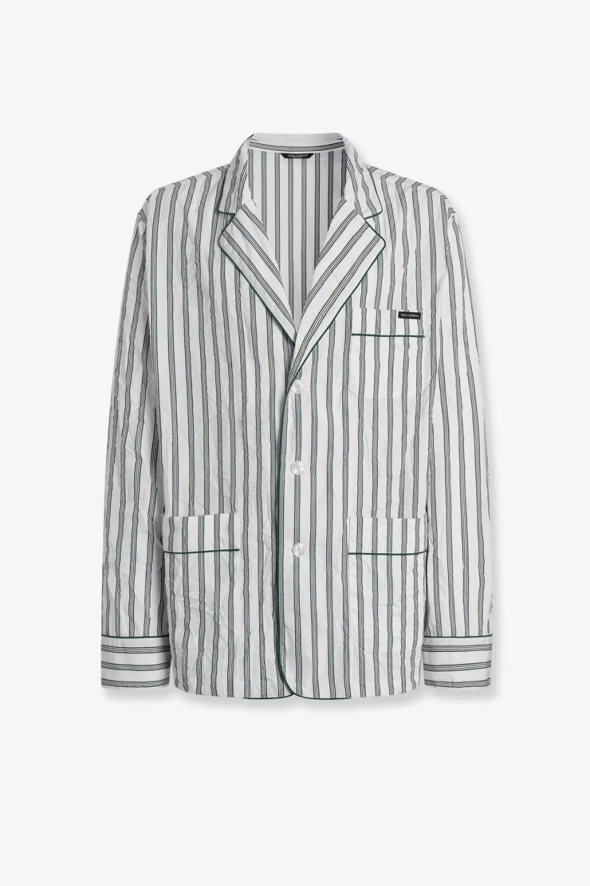 Dolce &amp; Gabbana men’s vanity froissé fabric dressing gown shirt pattern striped black and white pajama blazer with green piping