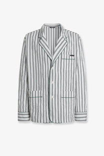 Dolce &amp; Gabbana men’s vanity froissé fabric dressing gown shirt pattern striped black and white pajama blazer with green piping