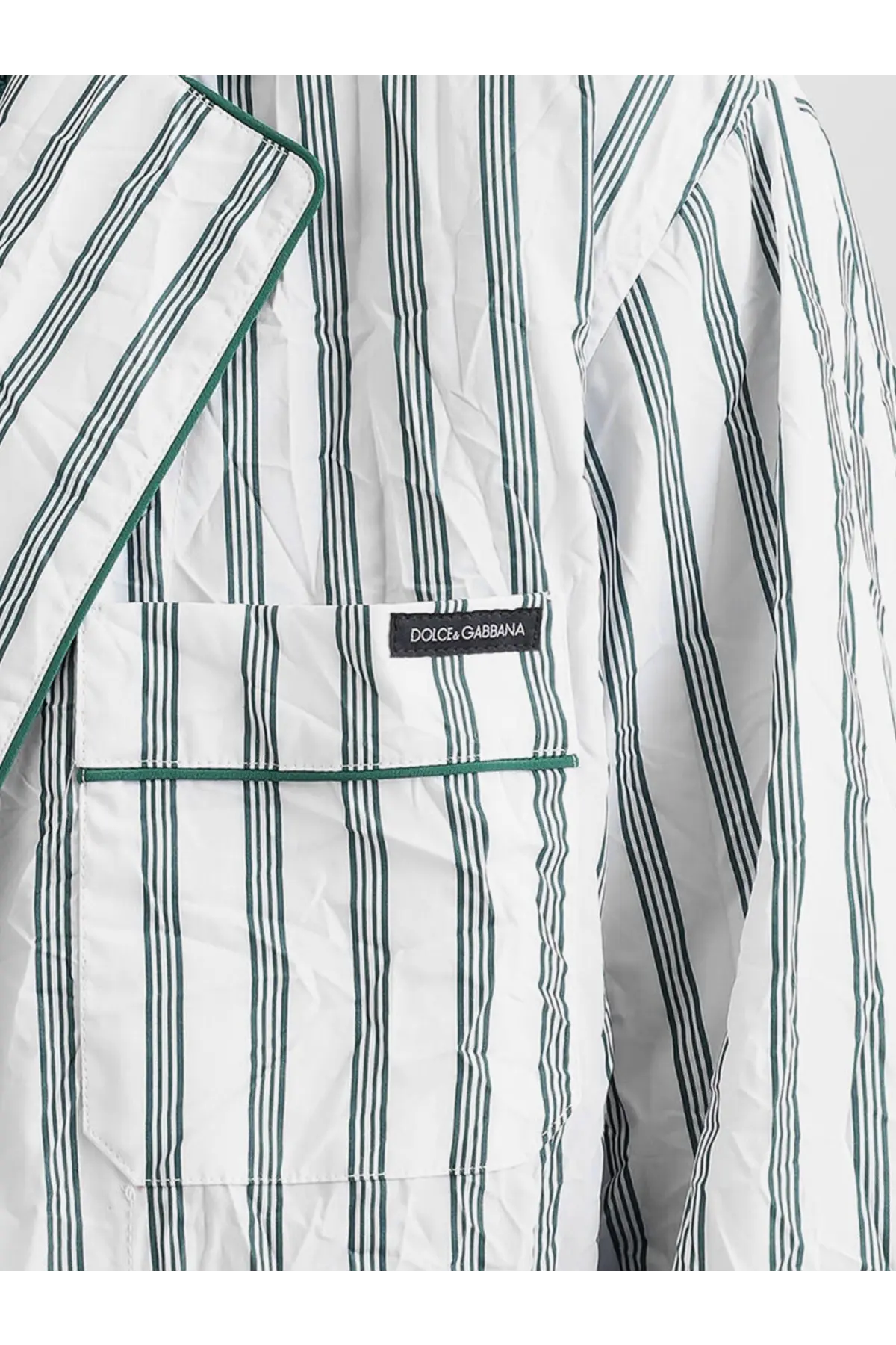 White and green vertically striped dolce and gabbana men’s vanity froissé fabric dressing gown shirt with chest pocket label