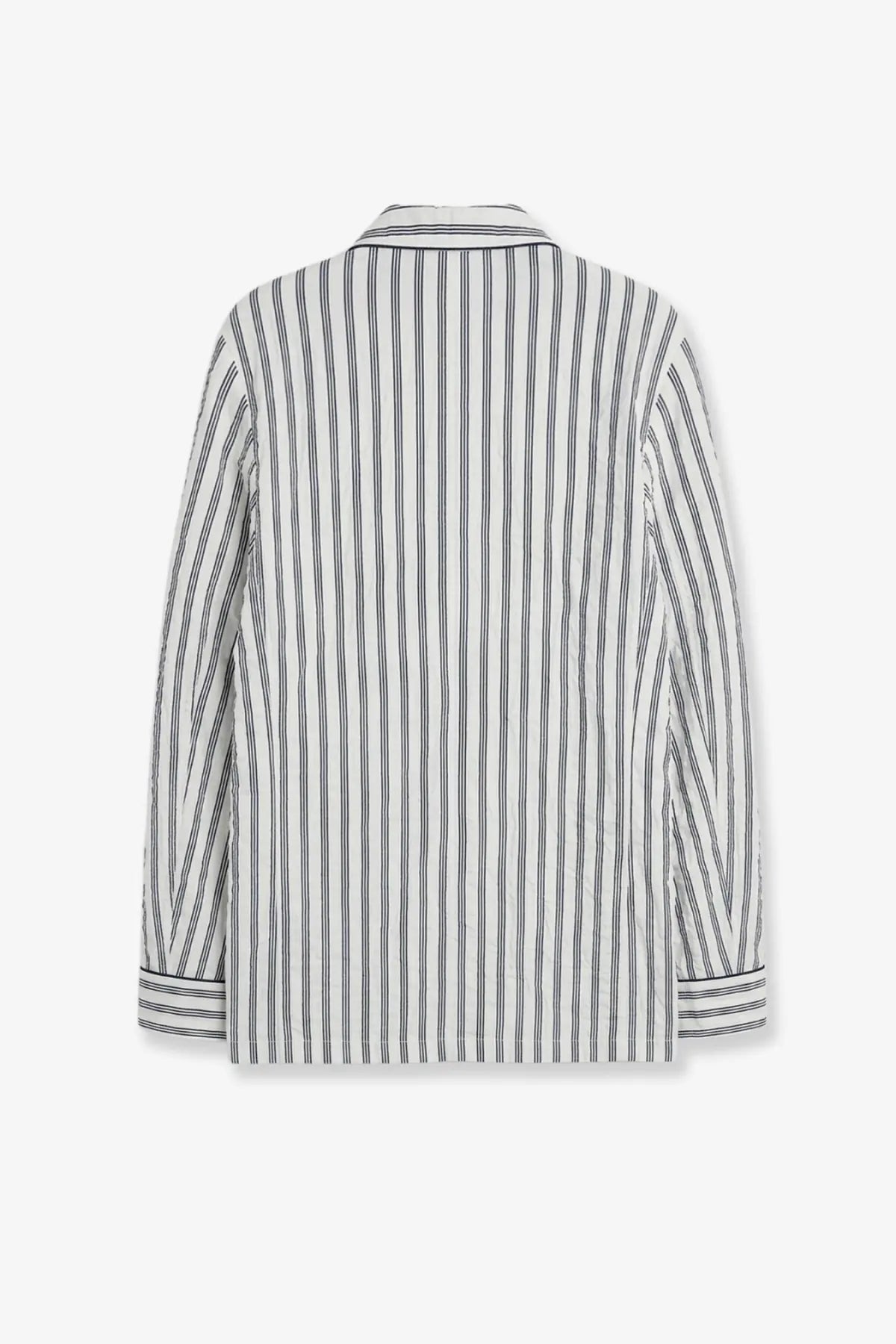 Dolce &amp; Gabbana men’s vanity froissé fabric dressing gown shirt featuring classic white and black vertical stripes and a crisp collar