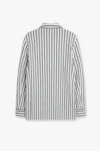 Dolce &amp; Gabbana men’s vanity froissé fabric dressing gown shirt featuring classic white and black vertical stripes and a crisp collar