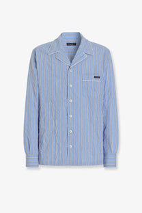 Dolce &amp; Gabbana men’s vanity pajamas froissé cotton shirt with light blue and white vertical stripes and button-down front